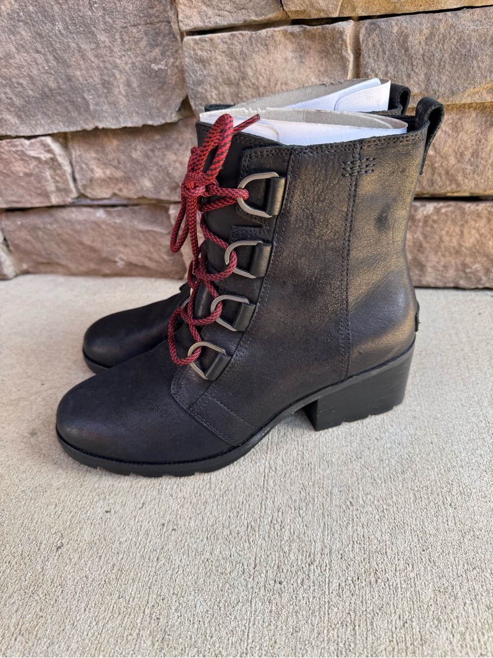 Sorel Cate Lace Ankle Block Heel Boots Black Leather Lace-Up Utility Moto Gorp - Picture 3 of 11